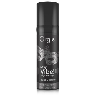 Frasco preto com rótulo preto e texto branco com máscara decorativa e palavras Orgie, Sexy Vibe! High Voltage Liquid Vibrator.