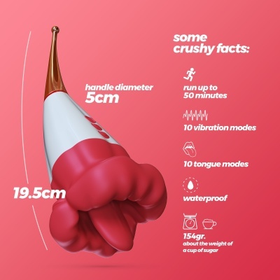 Dispositivo branco e vermelho com ponta dourada com texto informativo em fundo rosa.