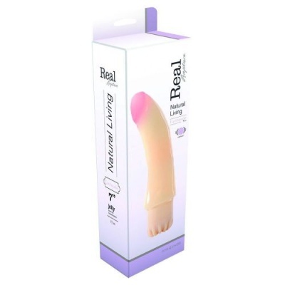 Embalagem de dildo realístico bege com ponta rosa e pé articulado