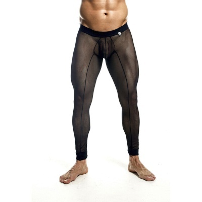 Leggings masculinas transparentes pretas com costuras verticais e cós preto elástico