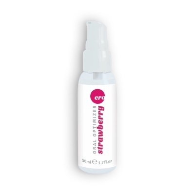 Frasco branco com dispensador e rótulo de produto oral sabor morango