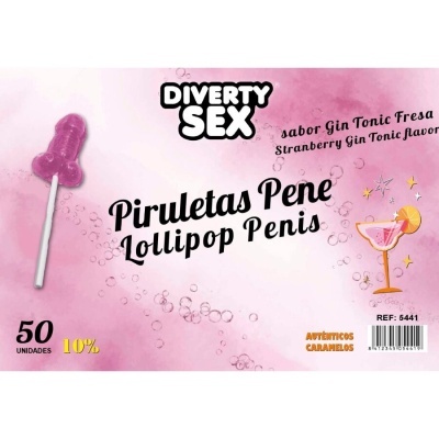 Embalagem rosa com piruleta em forma de pénis roxa e texto do produto