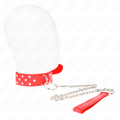 Colar vermelho com pontos brancos e corrente de metal prateado com pega vermelha