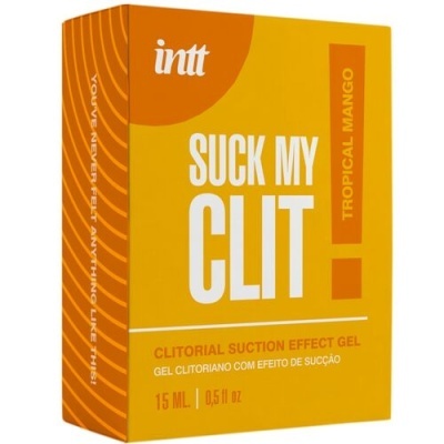Caixa amarela e laranja de gel clitoriano da marca intt com texto SUCK MY CLIT e indicação de sabor Tropical Mango