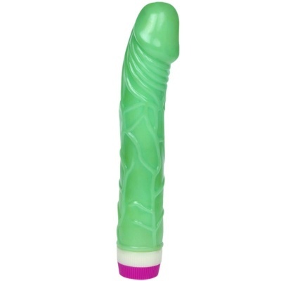 Vibrador verde com relevo e base com botão roxo