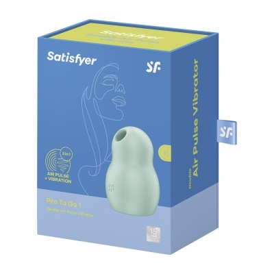 Embalagem azul e verde com vibrador verde claro e texto Satisfyer Pro To Go 1