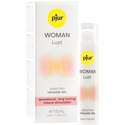 Gel Pjur Woman Lust para orgasmo, embalagem branca com texto preto e amarelo