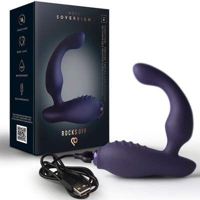 Produto vibrador roxo com embalagem preta e cabo USB