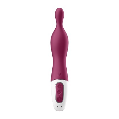 Vibrador vinho com base branca e botões de controlo