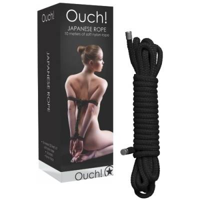Embalagem preta com corda preta e imagem de mulher amarrada