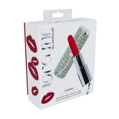 Embalagem branca com vibrador formato batom com brilho verde e prata e batom vermelho, texto Love Cune Glamour e descrição do produto