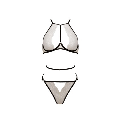 Conjunto de lingerie feminino em renda branca com fita preta