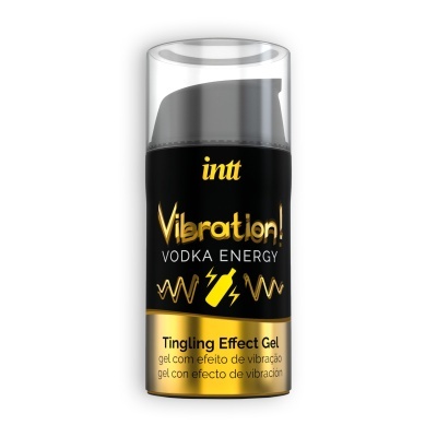 Frasco de gel com tampa transparente e embalagem preta e dourada com texto vibrations! vodka energy tingling effect gel.