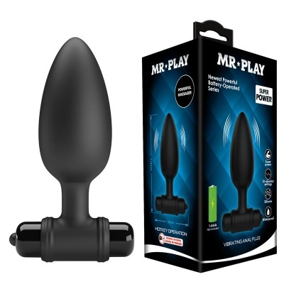 Plug anal vibratório preto com embalagem azul da MR PLAY