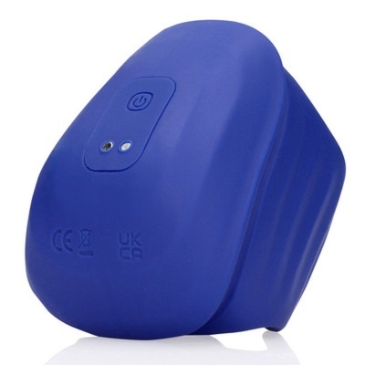 Dispositivo azul com botão de ligar e símbolos CE e UK CA
