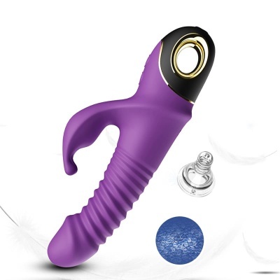 Vibrador roxo e preto com detalhes dourados e textura estriada