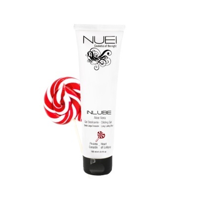 Frasco branco de gel deslizante com texto preto e pirulito vermelho e branco ao lado