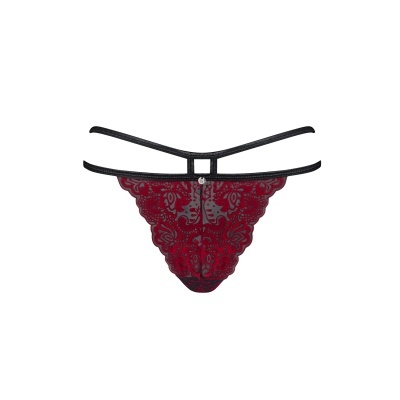 Cueca vermelha de renda com tiras pretas e pingente prateado em fundo branco