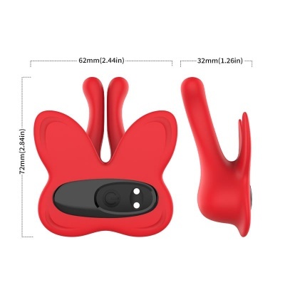 Produto em forma de borboleta vermelha com controlo preto e dimensões indicadas.