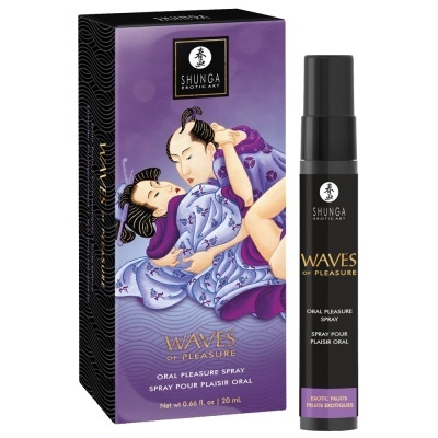 Spray oral Waves of Pleasure da Shunga com embalagem roxa e frasco preto.
