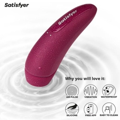 Vibrador de silicone vinho Satisfyer com água e ícones de funcionalidades
