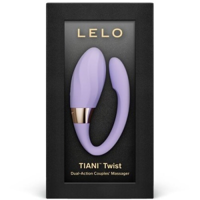 Massajador para casais LELO TIANI Twist lilás numa embalagem preta