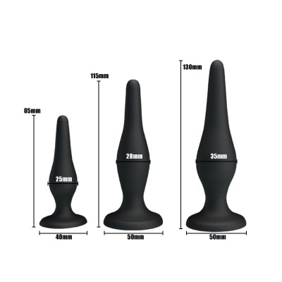 Três plugs anais de silicone preto com medidas em milímetros