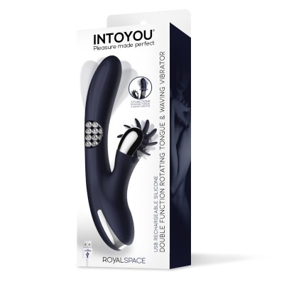 vibrador duplo preto em embalagem branca com texto e cabo USB