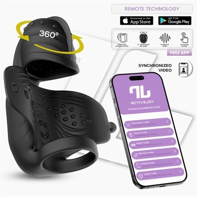 Dispositivo preto com aplicações texturizadas e smartphone com app ACTIVEJOY
