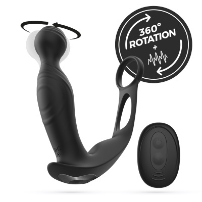 Produto preto curvo em silicone com comando remoto e texto 360° ROTATION +