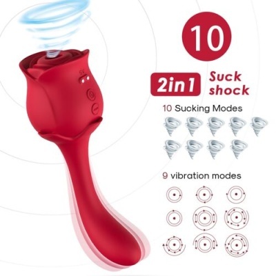 Produto vermelho em forma de rosa com texto 10 2 in 1 Suck shock 10 Sucking Modes 9 vibration modes