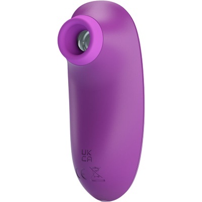 Dispositivo eletrônico roxo com boca circular e inscrições UK CA no fundo branco.