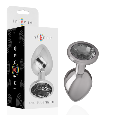 Plug anal metálico com pedra facetada na base e embalagem