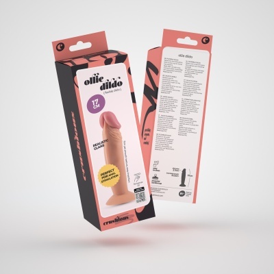 Embalagem de dildo flexível com texto e desenho realista em cor pele com ventosa na base