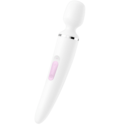 Massageador vibratório branco com botão de controlo rosa