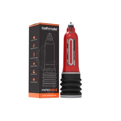 Bomba manual Bathmate Hydromax 8 em vermelho e preto com embalagem preta e laranja