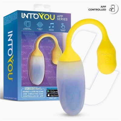 Ovo vibratório amarelo e lilás em silicone com embalagem azul marca INTOYOU