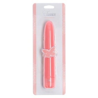 Vibrador rosado em embalagem plástica com cartão branco e rosa, texto Classics.