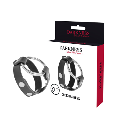 Arnês para pénis preto com argola metálica e embalagem da marca DARKNESS