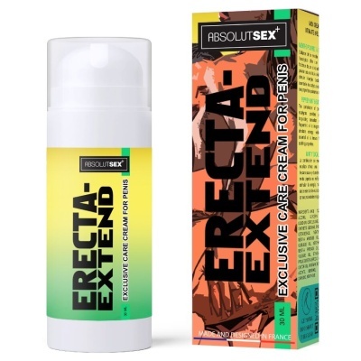 Frasco e caixa do creme ERECTA-EXTEND para cuidado do pénis com rótulo amarelo e verde e caixa colorida