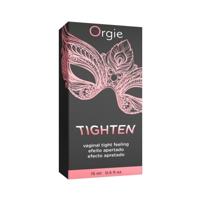 Embalagem preta com máscara rosa e texto relacionado a produto para sensação vaginal apertada.