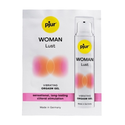 Embalagem com gel vibratório WOMAN Lust da pjur com padrão rosa e laranja