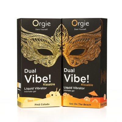 Embalagens de gel íntimo liquid vibrator Orgie Dual Vibe! com design de máscara dourada e sabores Piña Colada e Sex On The Beach