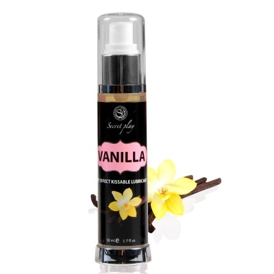 Frasco de lubrificante beijável de baunilha com tampa transparente e decoração de flor amarela