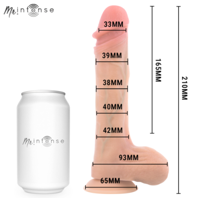 Dildo realista com medidas em milímetros ao lado de uma lata branca com o texto Mr. intense
