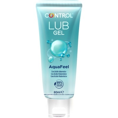 Bisnaga azul translúcida de gel lubrificante com tampa branca com texto CONTROL LUB GEL AquaFeel.