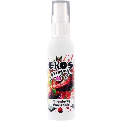 Frasco branco de spray com rótulo colorido de morangos e texto Strawberry Vanilla Swirl