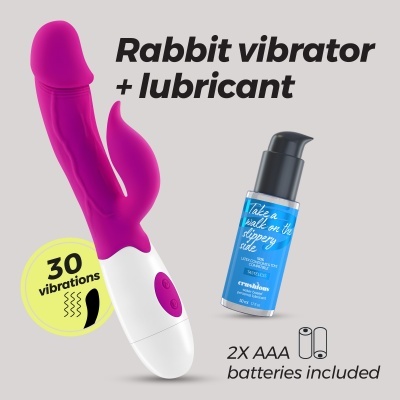 Vibrador roxo e branco com frasco de lubrificante azul, texto sobre o produto