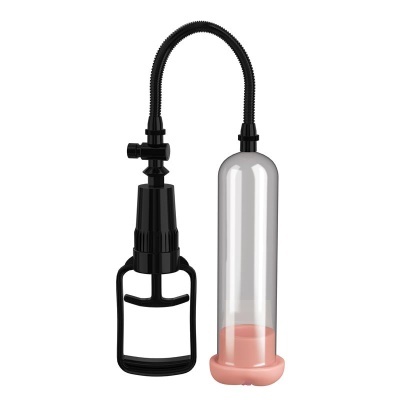 Bomba de vácuo com tubo transparente e base cor-de-rosa, mangueira e alavanca pretas