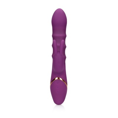 Vibrador roxo em silicone com detalhes dourados e botões de controlo